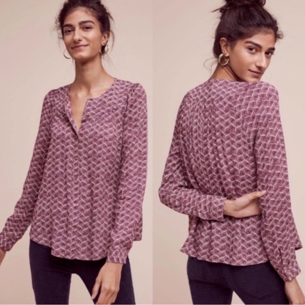 Anthropologie Maeve Women’s Purple Patterned Long-Sleeve Blouse